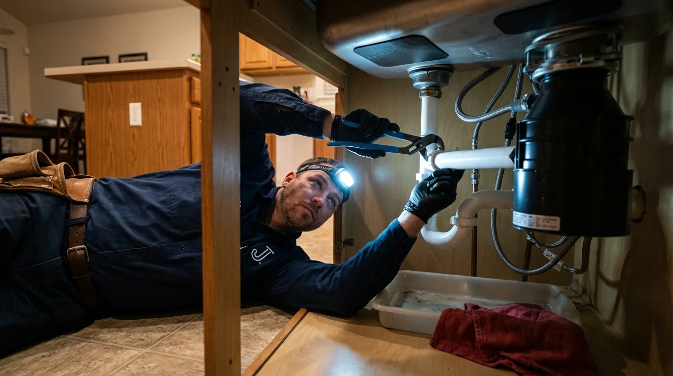 P-trap and supply line connections under a kitchen sink showing a common leak point in Jordan, MN